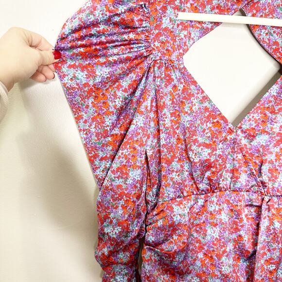 For Love & Lemons Charlie Floral Ruched Puff Sleeve Dress Blossom XS NEW - Picture 6 of 9